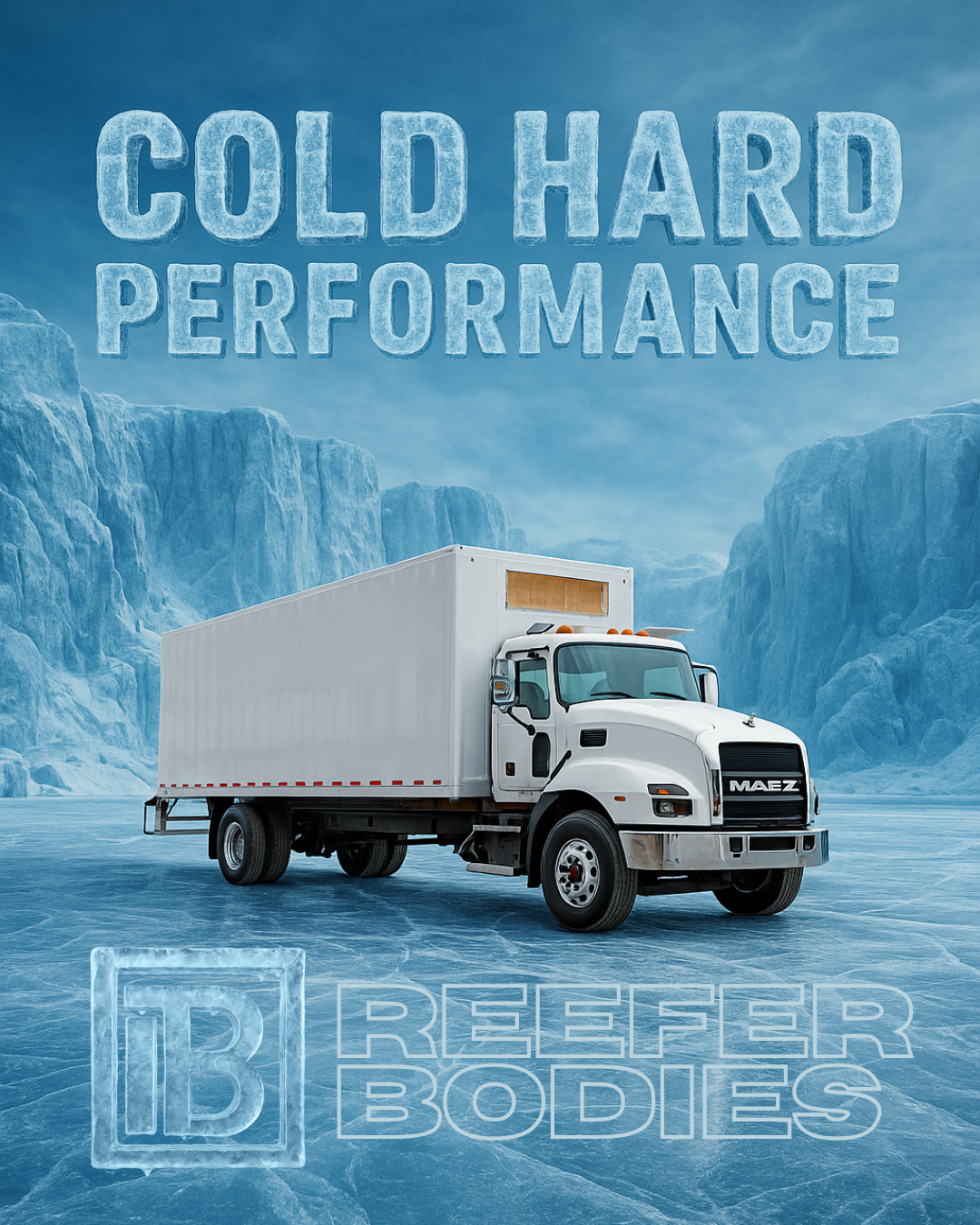 White reefer truck body with icy landscape behind.